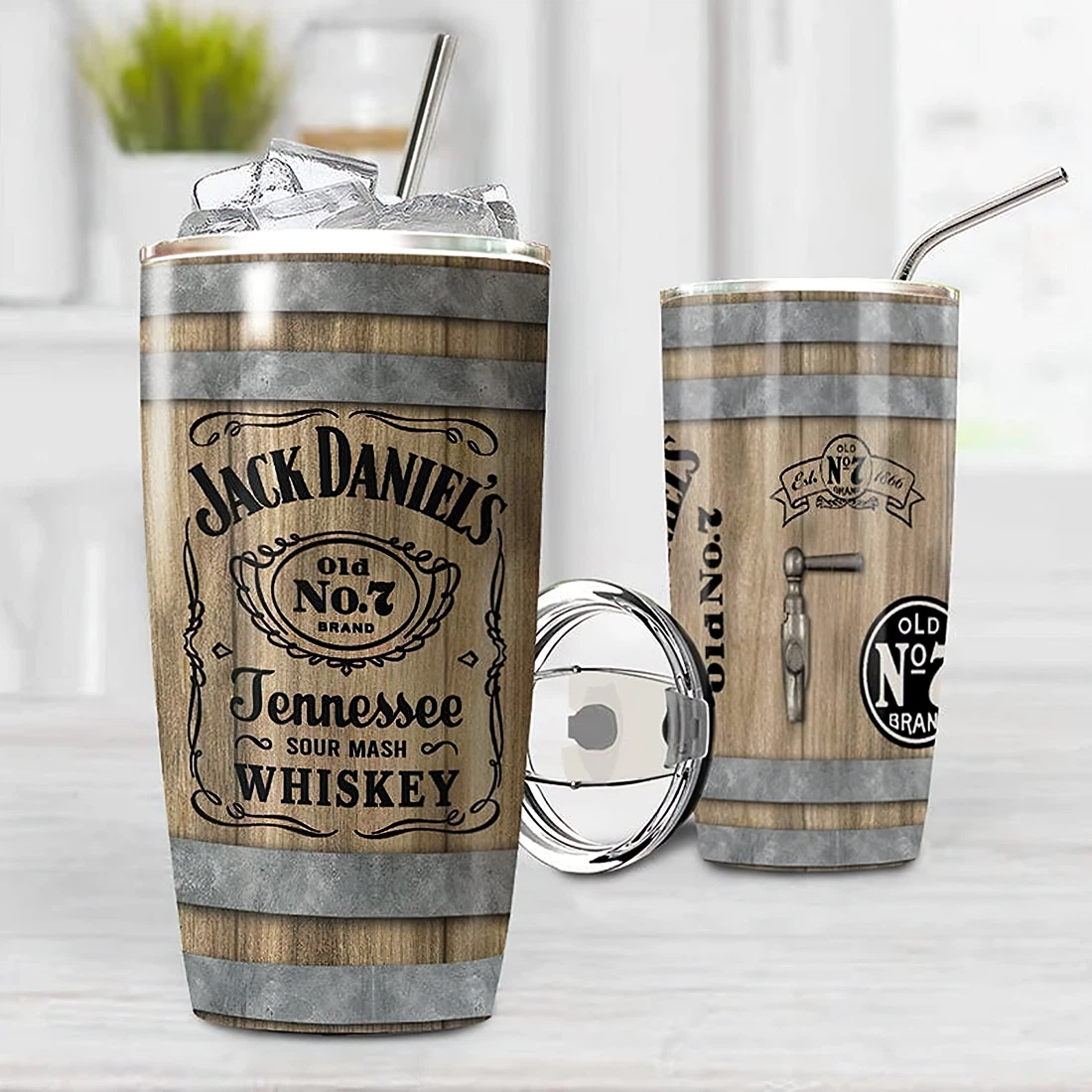 Personalized Tumblers Whiskey J.ack D.aniels Wood Grain Cup Barrel Tumblers 20oz, 30oz