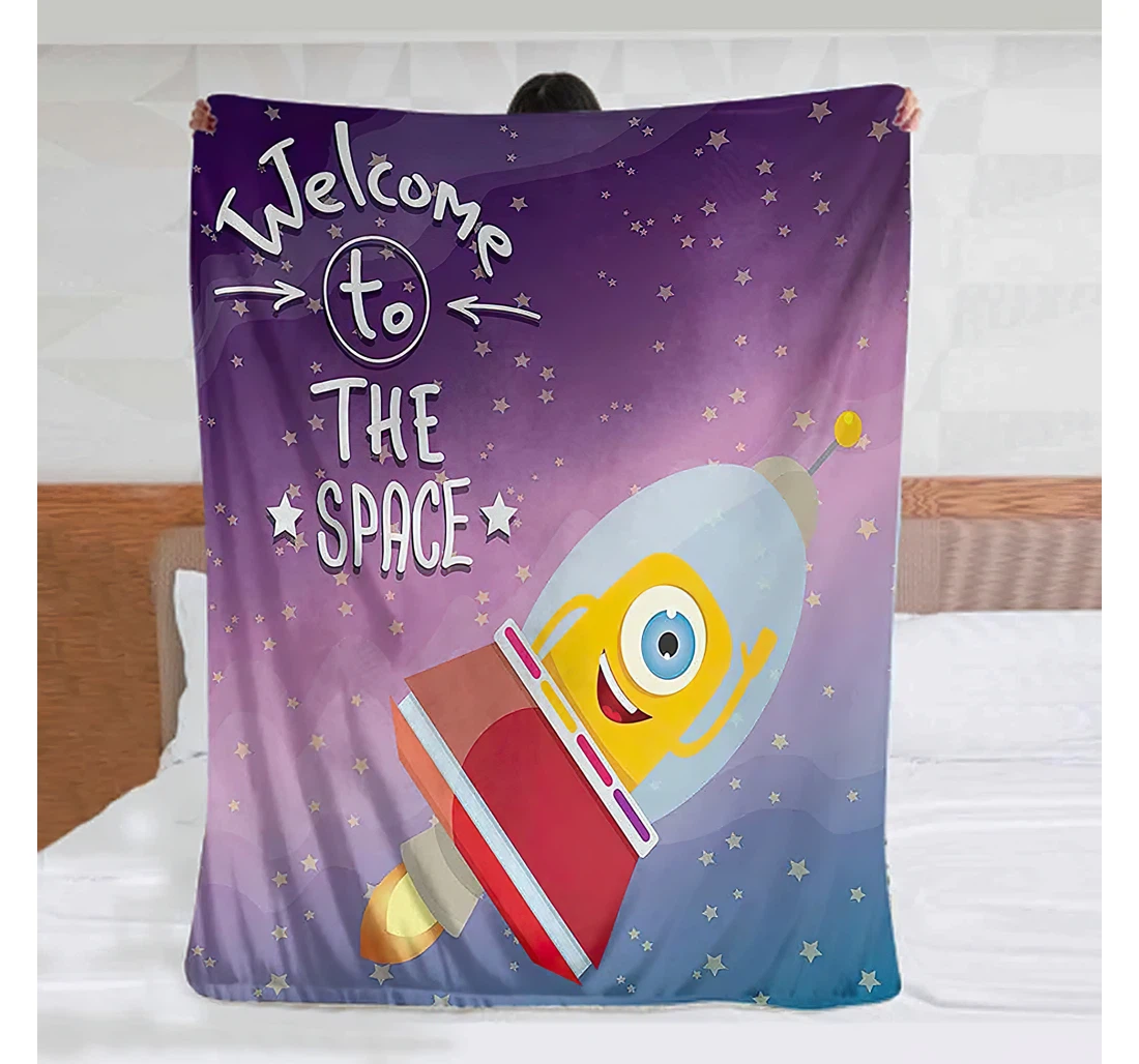 Throw Blanket, Quilt - Outer Space Baby Welcoming Quote Print With Retro Style Mascot Vessel Traveling In Milky Way Cool Purple Blue Sherpa Fleece