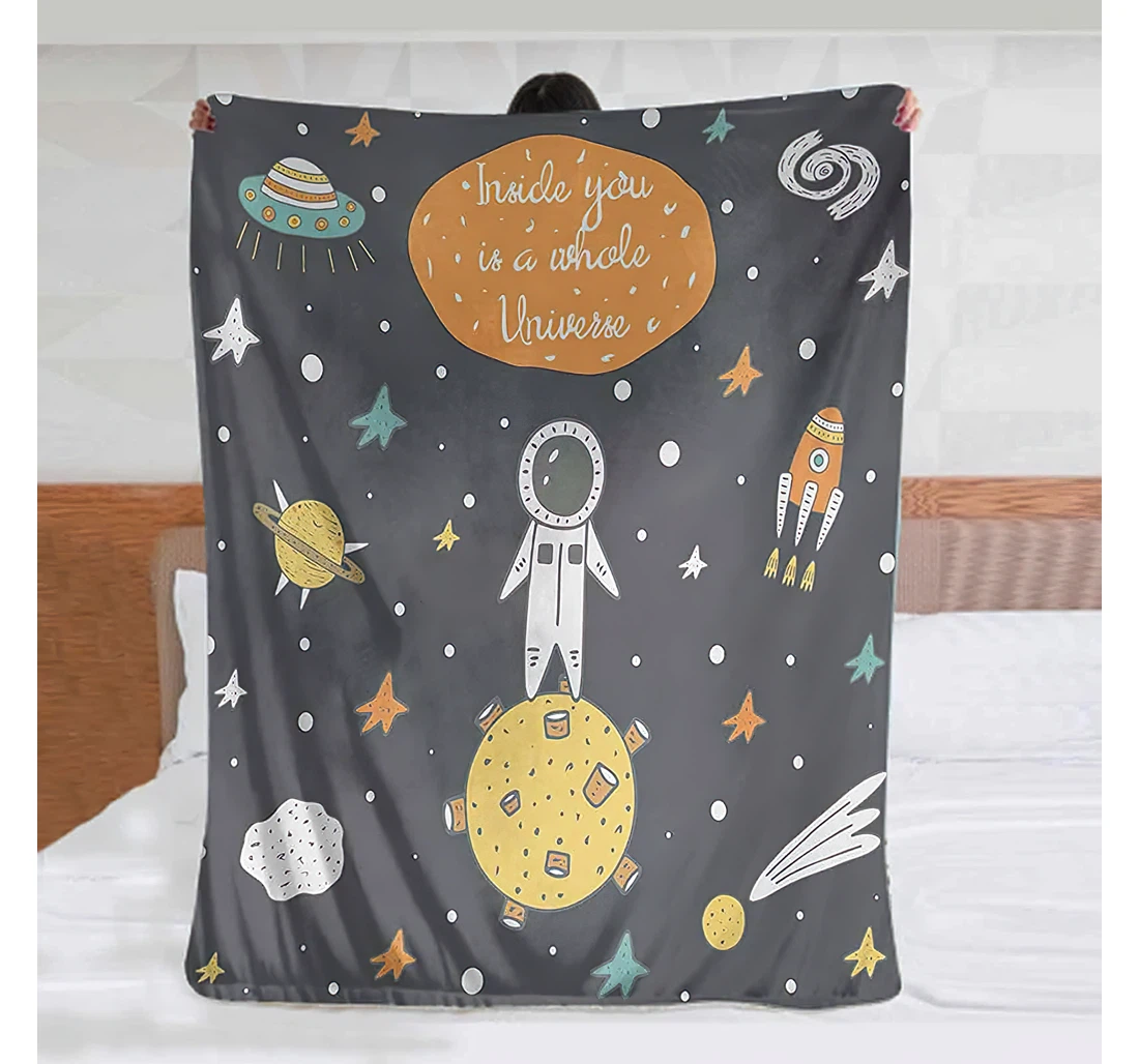 Throw Blanket, Quilt - Outer Space Doodle Style Astronaut Alien Planets And Spaceships With A Motivational Quote Baby Pet Family And Friends Multicolor Sherpa Fleece