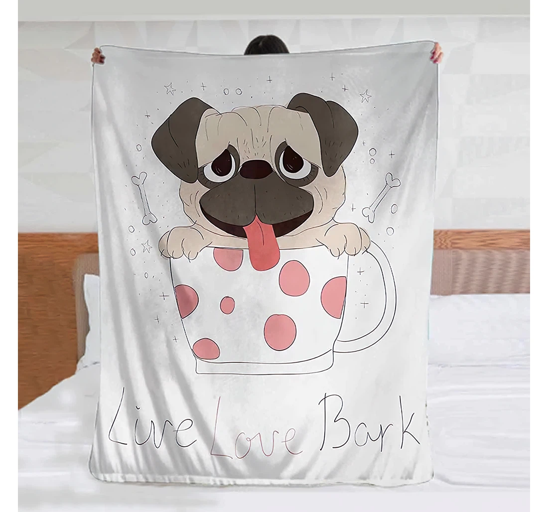 Throw Blanket, Quilt - Pug Live Love Bark Quote With A Puppy In Cup Happiness Funny Valentines Image Warmer Pink Black Pale Pink Sherpa Fleece