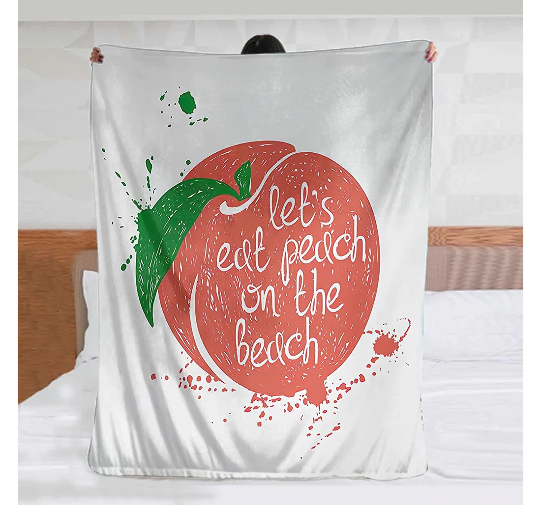 Throw Blanket, Quilt - Peach Fruit Design With Stem And Leaf Lets Eat Peach On The Beach Quirky Quote Cool Green Coral White Sherpa Fleece