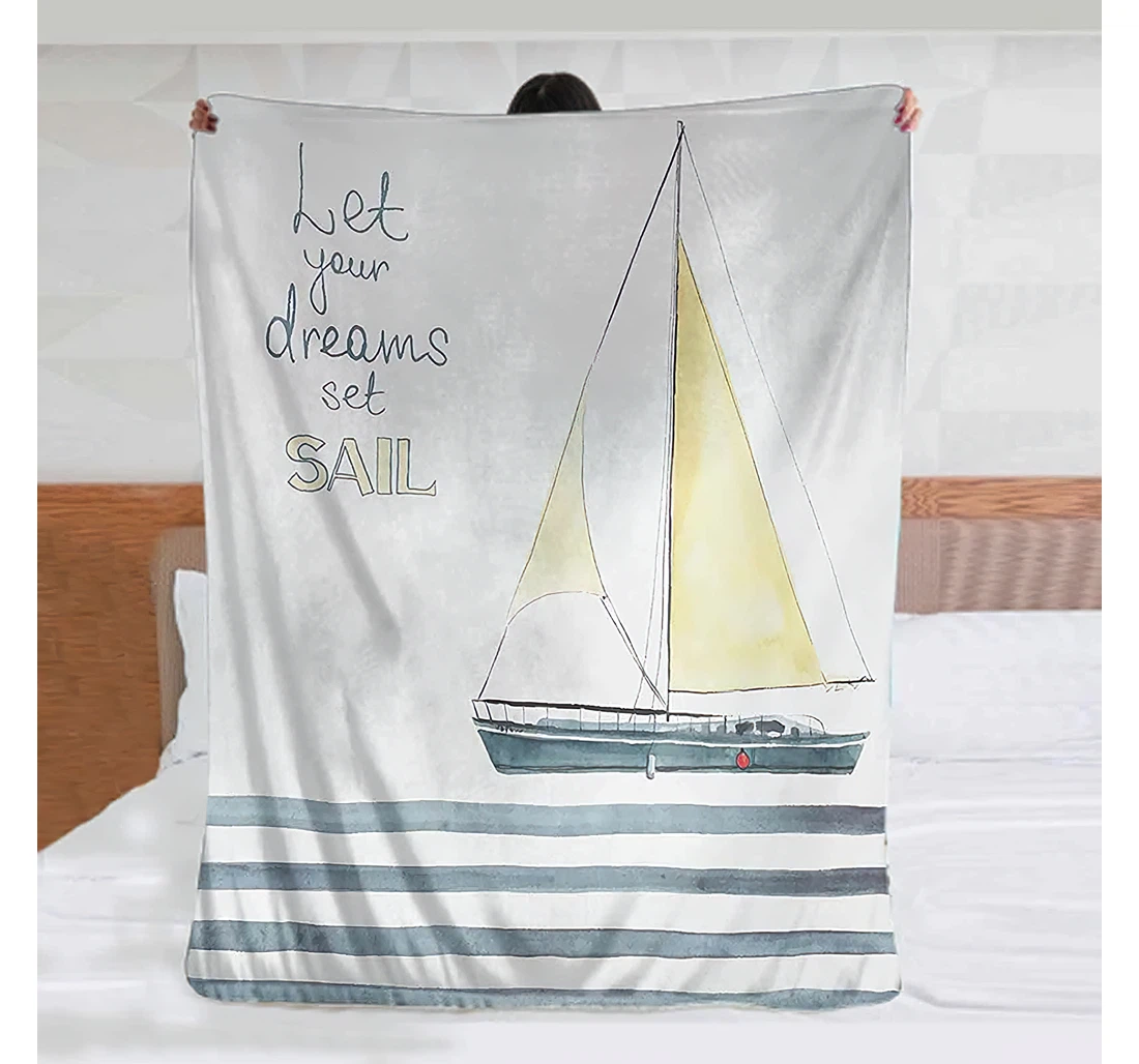 Throw Blanket, Quilt - L Let Your Dreams Set Sail Quote Stripes Yacht Interior Navigation Theme Anti Static Pale Blue White Sherpa Fleece