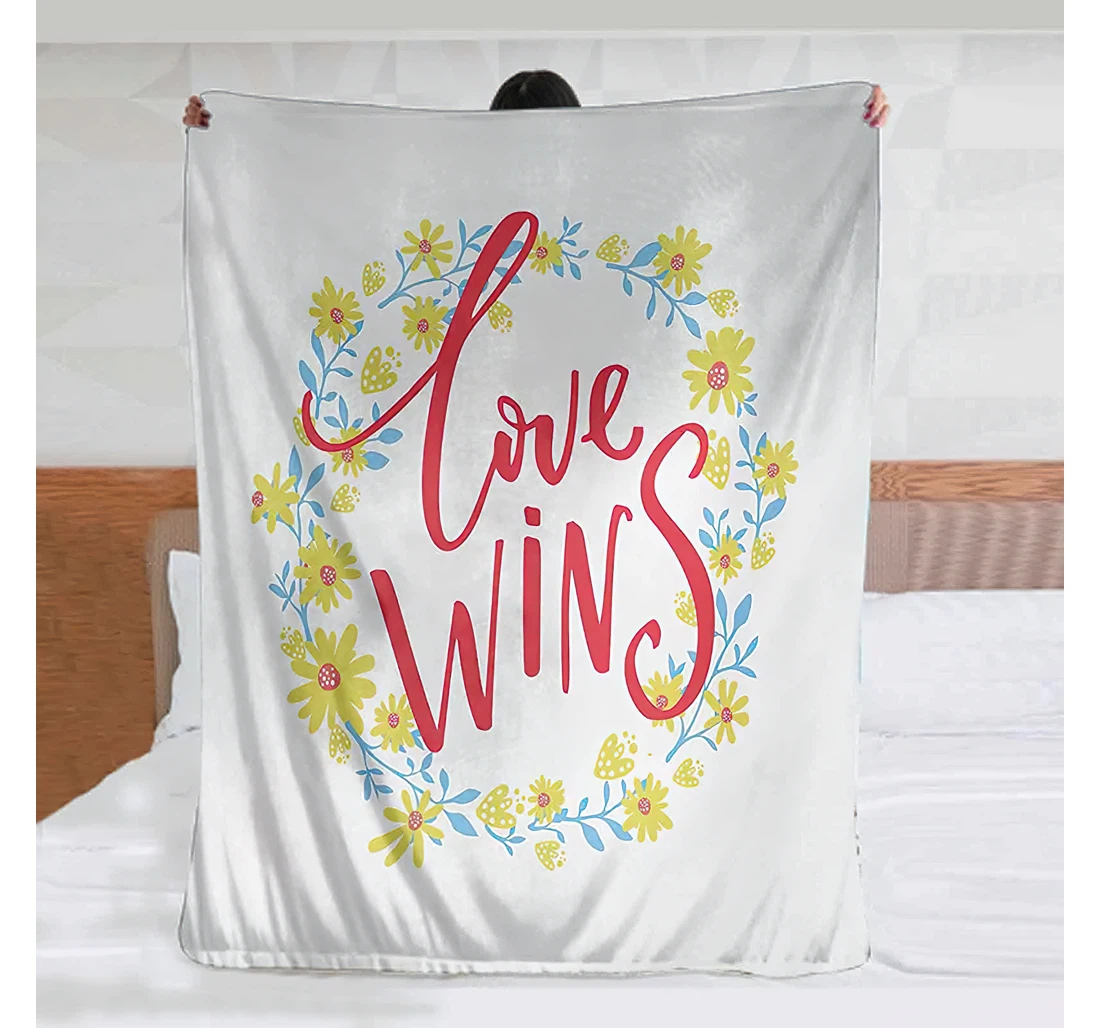 Throw Blanket, Quilt - Romantic Love Wins Quote Floral Wreath Motivational Inspiration Life Valentines Red Yellow Sky Blue Sherpa Fleece