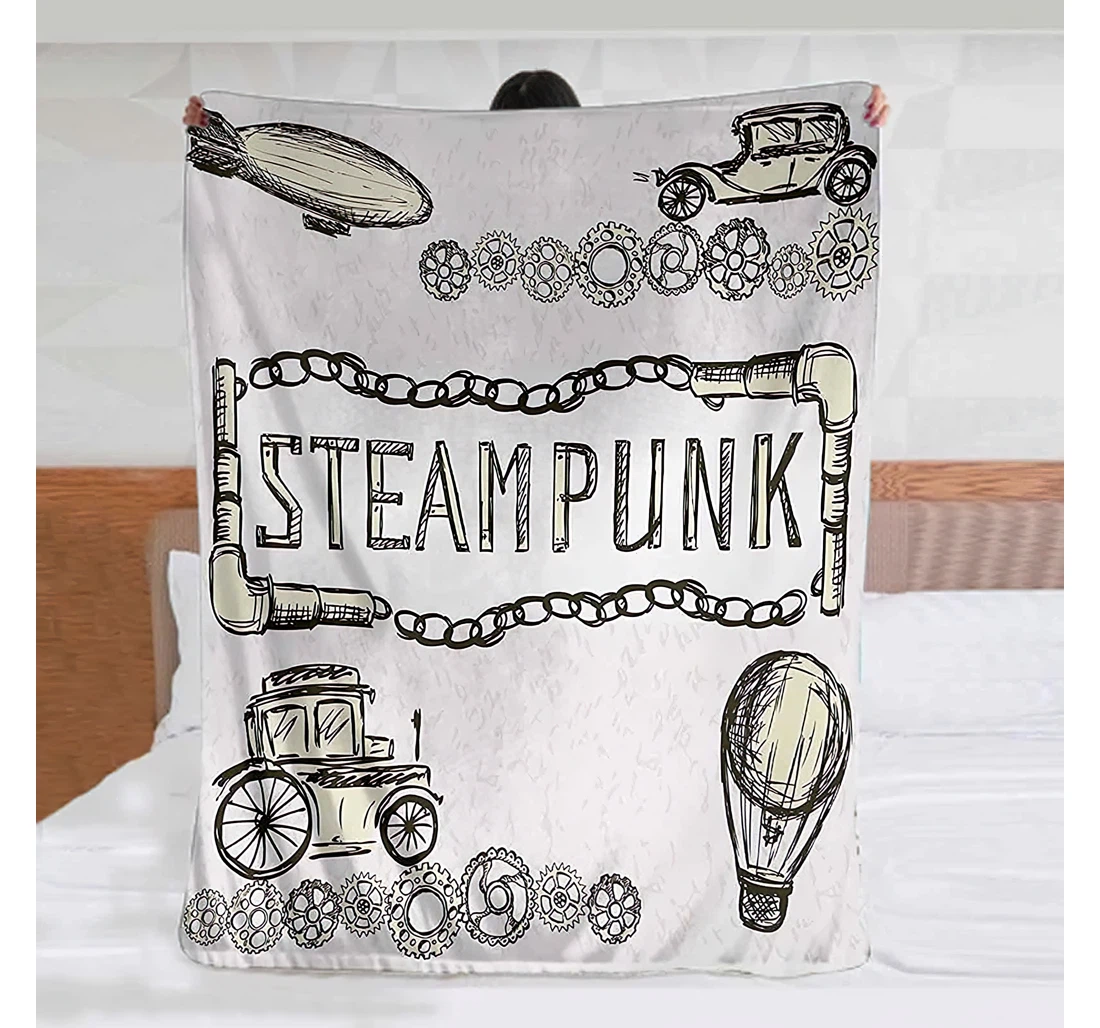 Throw Blanket, Quilt - Sketchy Balloon Antique Cars Design With Quote In Middle Saying Steampunk Camping Travel Ivory Dark Olive Green Sherpa Fleece