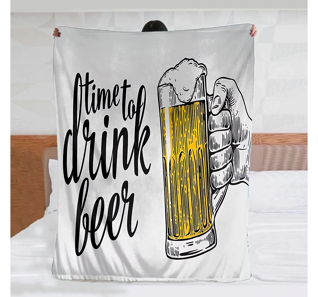 Throw Blanket, Quilt - Lifestyle Time To Drink Beer Quote With A Man Hand Holding The Mug Toast Illustration Yellow Black Sherpa Fleece
