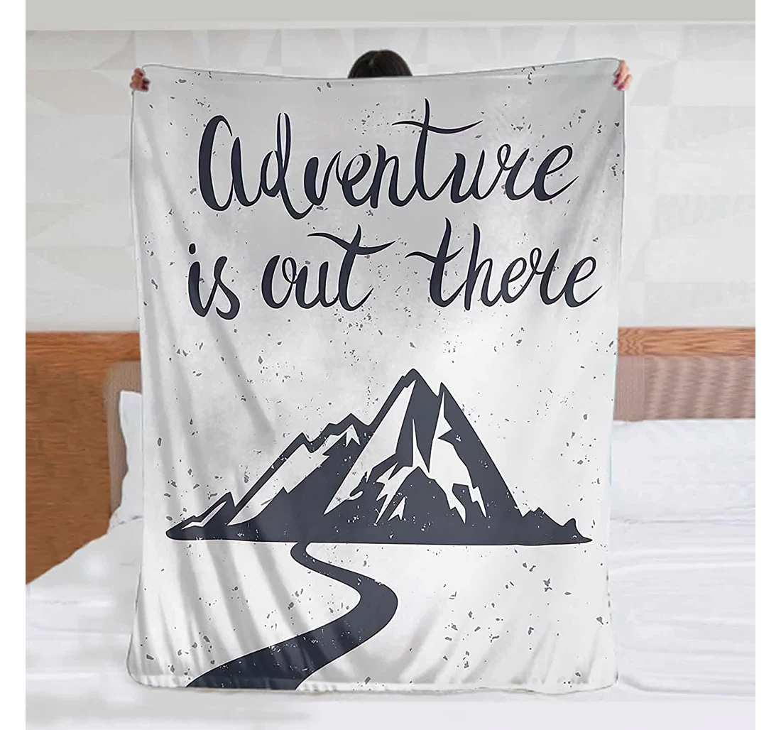 Throw Blanket, Quilt - Landscape Monochrome Mountain Road Exploration Quote Adventure Is Out There Baby Pet Family And Friends Charcoal Grey And White Sherpa Fleece