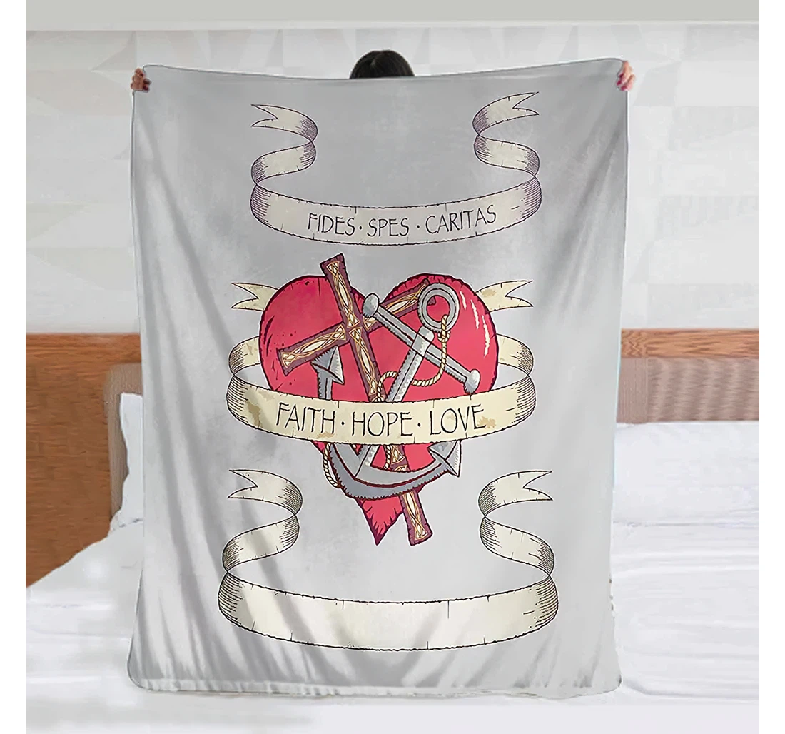 Throw Blanket, Quilt - Hope Antique Anchor And Spiritual Symbol On Heart Motif With Faith Hope Love Quote Camping Travel Ruby Grey Beige Sherpa Fleece