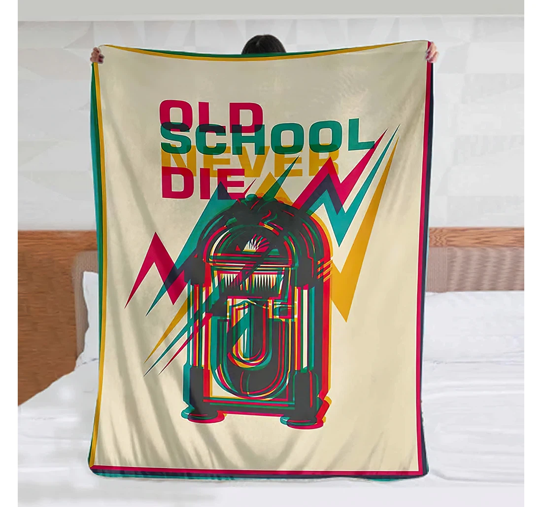 Throw Blanket, Quilt - Jukebox Old School Never Die Quote On Antique Radio Abstract Backdrop Turquoise Marigold And Hot Pink Sherpa Fleece