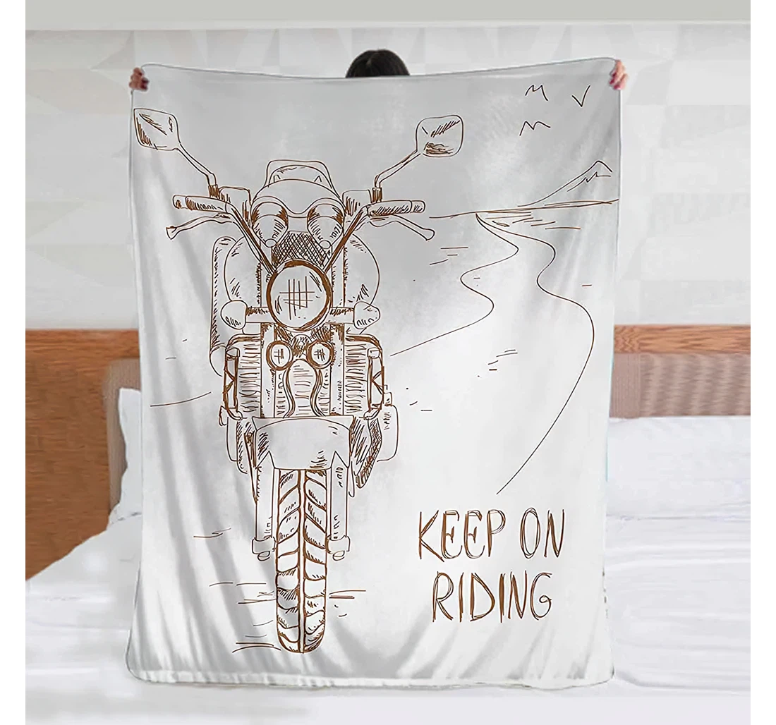 Throw Blanket, Quilt - Motorcycle Keep On Riding Quote And Motorbike On The Road With Birds Sketch Art Picture Decorative Brown White Sherpa Fleece