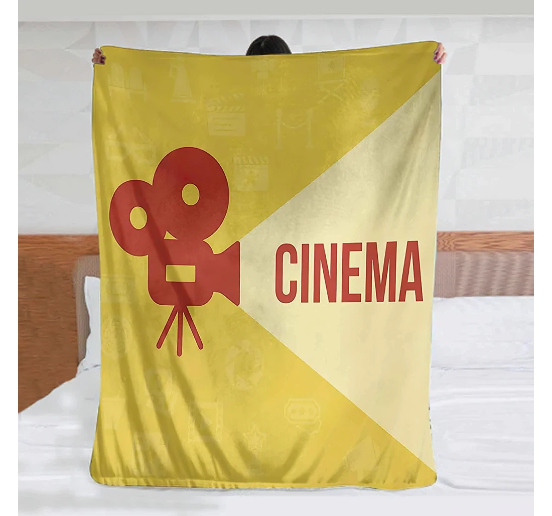 Throw Blanket, Quilt - Movie Theater Projector Silhouette With Cinema Quote Movie Symbols Background Cool Dark Coral Beige Yellow Sherpa Fleece