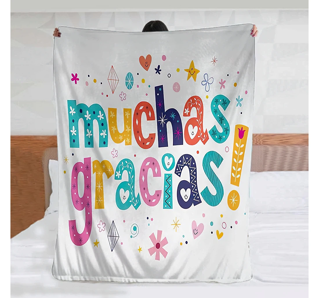 Throw Blanket, Quilt - Mexican Spanish Thank You Quote With Cartoon Style Hearts Diamonds Figures Flowers Artwork Camping Travel Multicolor Sherpa Fleece