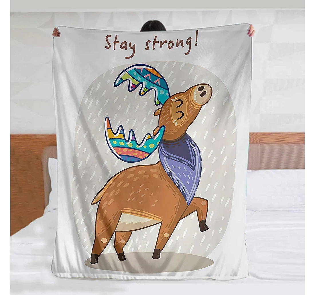 Throw Blanket, Quilt - Moose Deer With Scarf And Rainbow Retro Antler Horns Quote Stay Strong Rain Design Bohem Multicolor Sherpa Fleece