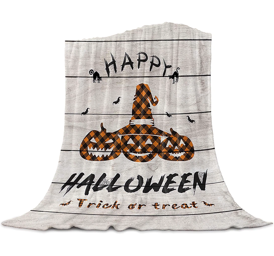 Throw Blanket, Quilt - Happy Halloween Quotes On Wooden Bedroom Chair Office Cars Orange Black Plaid Pumpkins With Witch Hat Sherpa Fleece