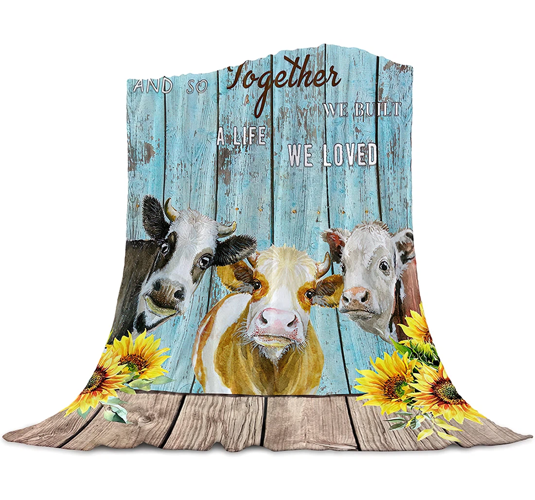 Throw Blanket, Quilt - Watercolor Cattles And Quote Bedroom Chair Office Cars Rustic Sunflowers On Wooden Planks Sherpa Fleece