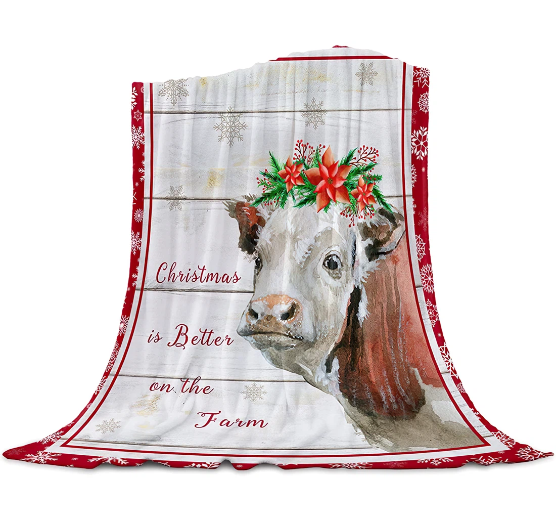 Throw Blanket, Quilt - Watercolor Cow With Berry Wreath And Quote Bedroom Chair Office Cars Winter Snowflake Backdrop Sherpa Fleece