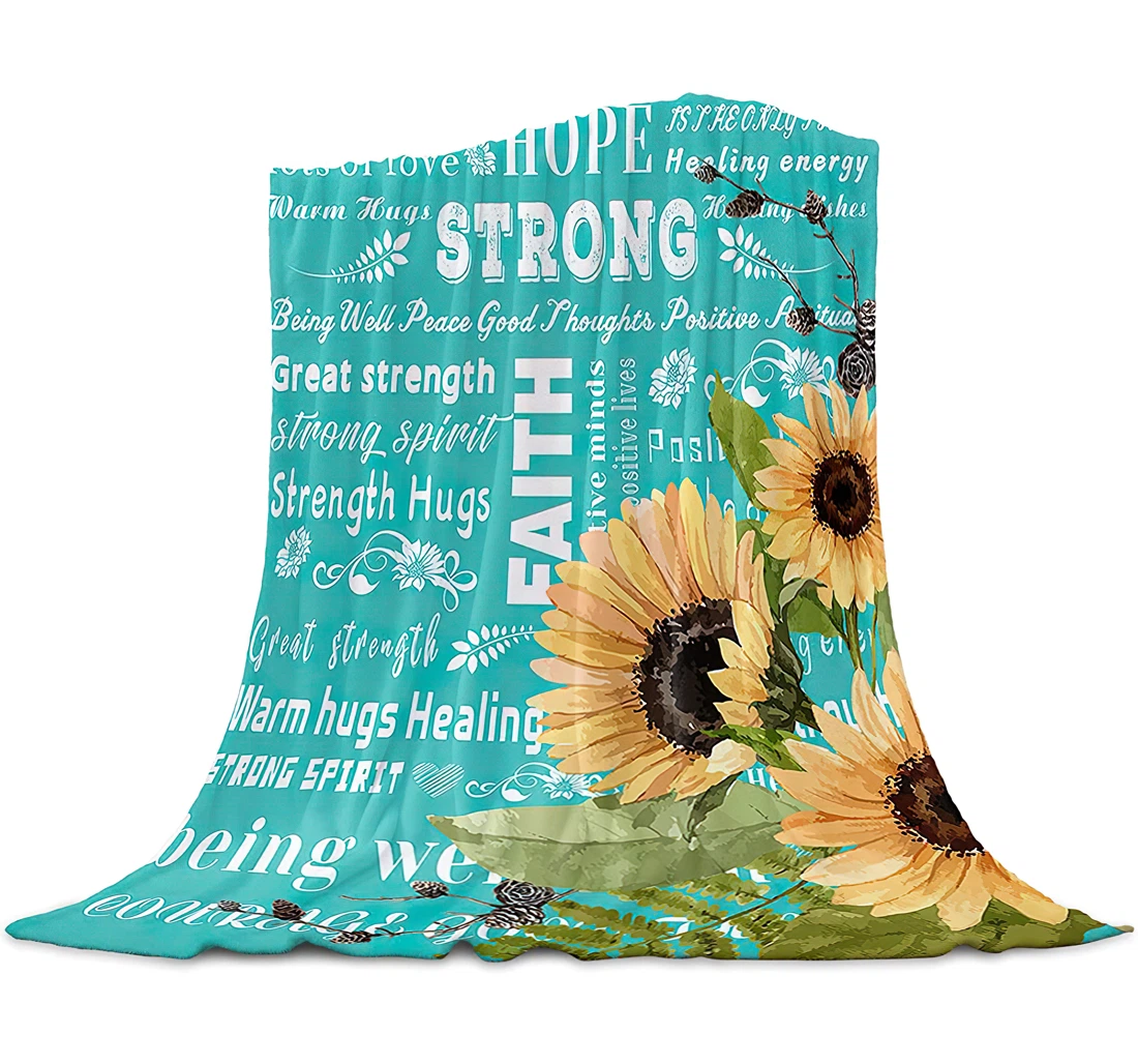 Throw Blanket, Quilt - Positive Energy Quotes And Sunflowers Bedroom Chair Office Cars Turquoise Background Sherpa Fleece