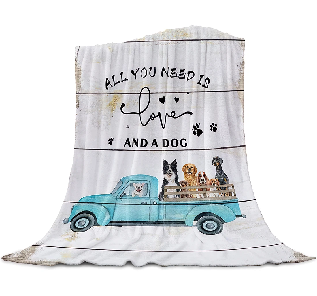 Throw Blanket, Quilt - Blue Truck With Doberman Dog And Quotes Bedroom Chair Office Cars Vintage Wooden Planks Sherpa Fleece