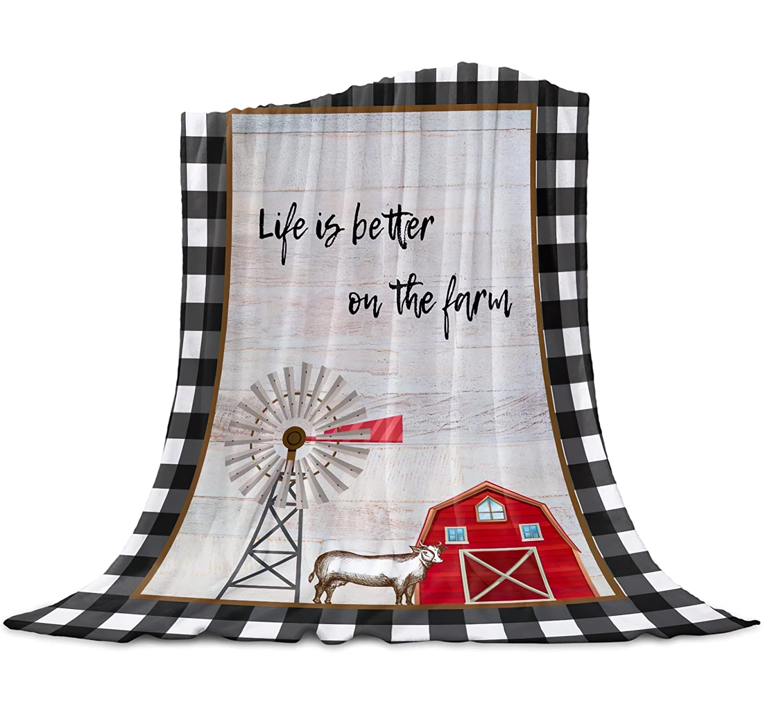 Throw Blanket, Quilt - Retro Farm Barn House Windmill Cow And Quote Bedroom Chair Office Cars Black White Buffalo Plaid Sherpa Fleece