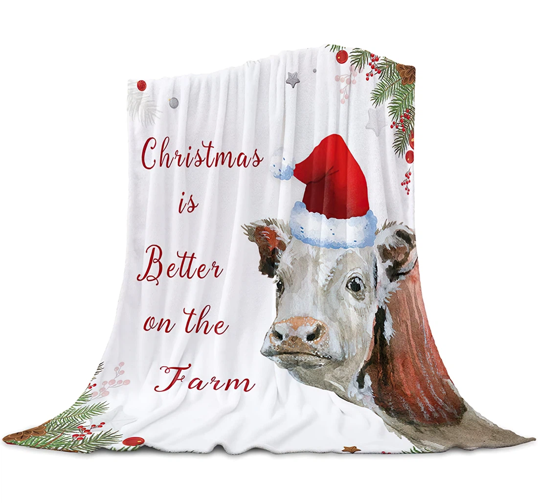 Throw Blanket, Quilt - Winter Cow With Red Hat Bedroom Chair Office Cars Christmas Quote Berries Snowflake Sherpa Fleece