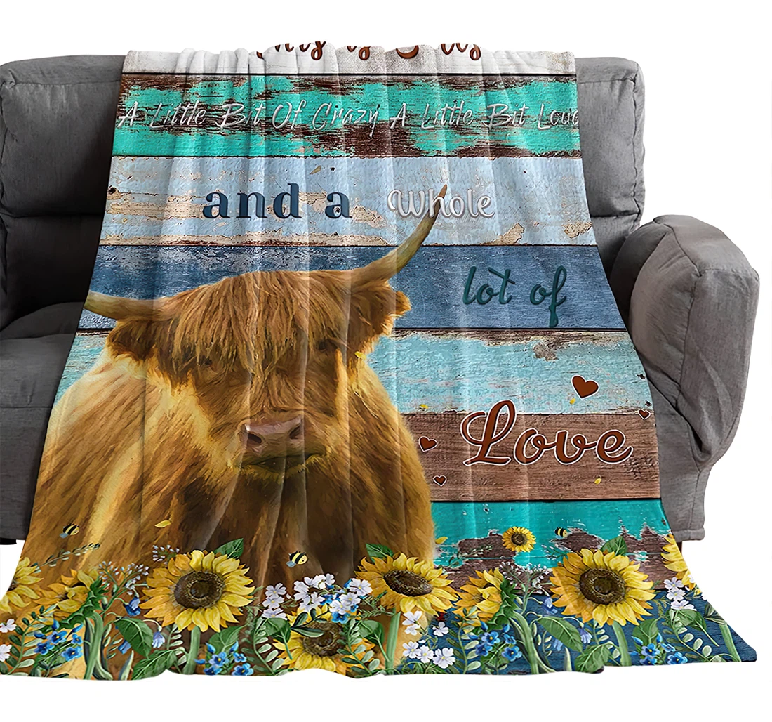 Throw Blanket, Quilt - Highland Cow And Quote Sunflower Bedroom Chair Office Cars Vintage Farm Teal Wooden Planks Sherpa Fleece