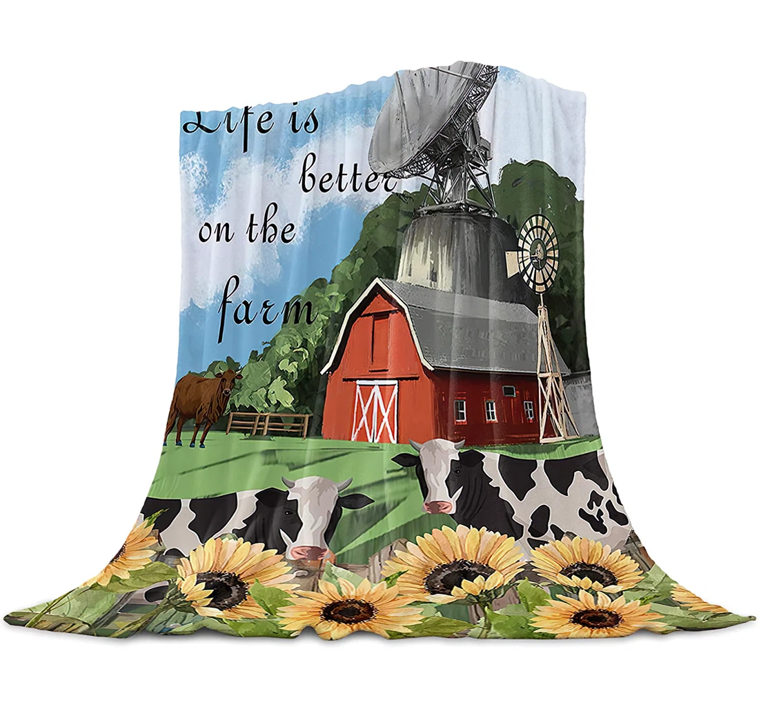 Throw Blanket, Quilt - Watercolor Autumn Farm Barn And Animals Bedroom Chair Office Cars Cows Sunflowers Quotes Sherpa Fleece