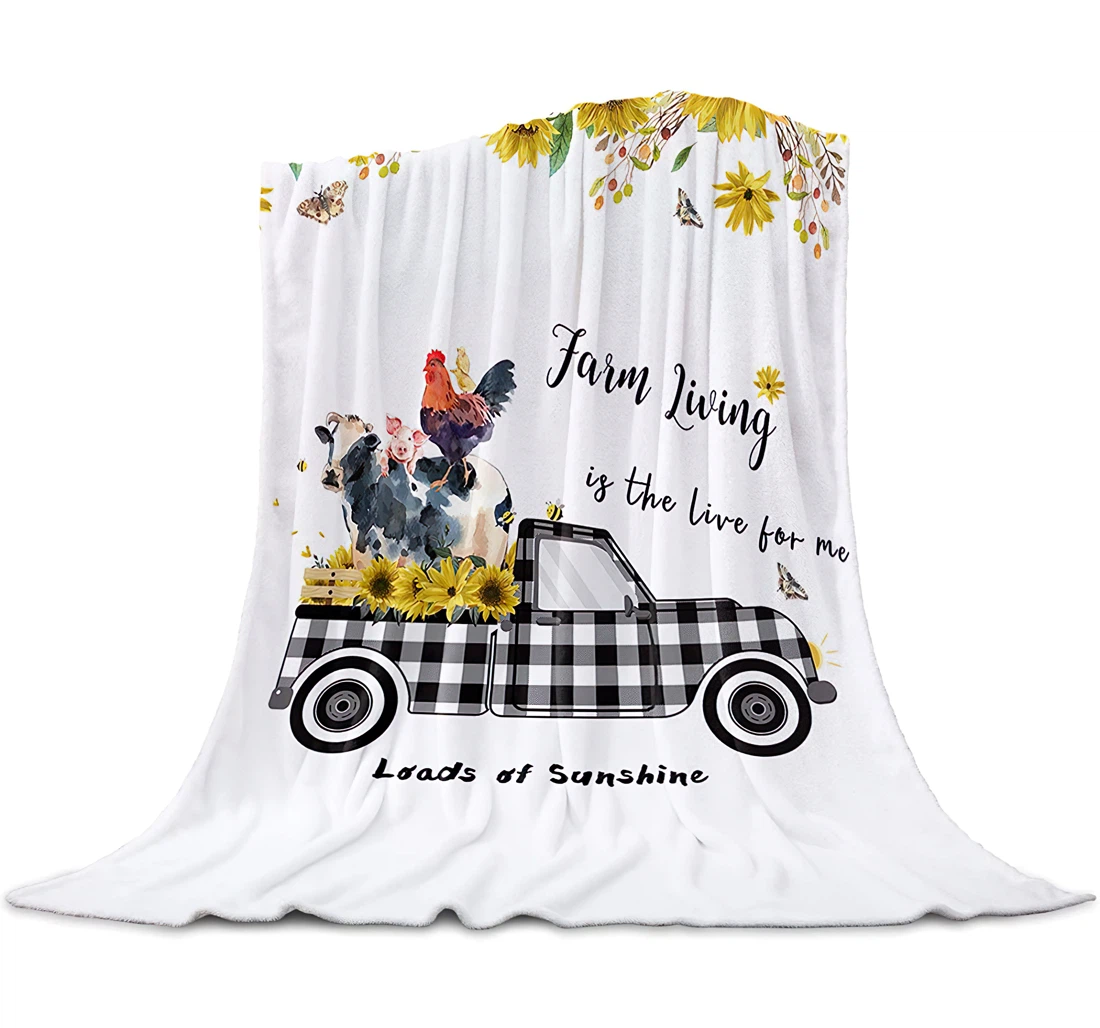 Throw Blanket, Quilt - Farm Quote And Cow Rooster Pig Sunflower On White Bedroom Chair Office Cars Buffalo Check Truck Sherpa Fleece