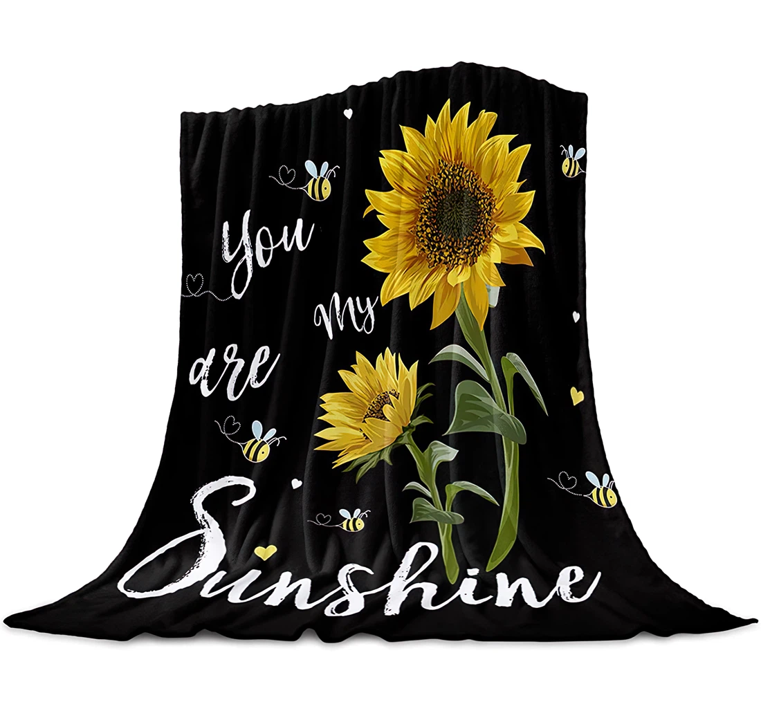 Throw Blanket, Quilt - Inspiring Quote With Bees Flying Around Sunflowers Bedroom Chair Office Cars Black Backdrop Sherpa Fleece