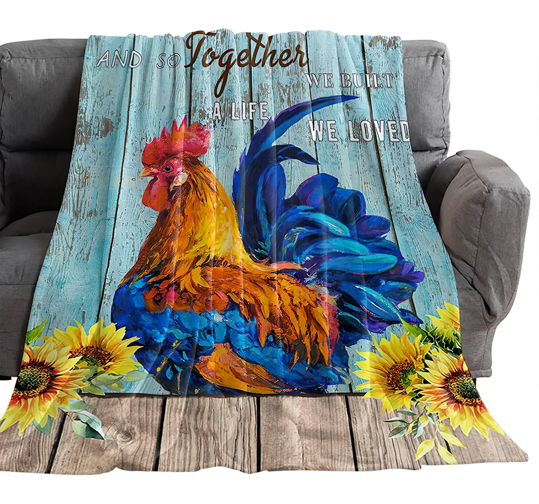 Throw Blanket, Quilt - Country Bedroom Chair Office Cars Rooster Sunflower With Quote On Teal Wooden Garage Door Sherpa Fleece