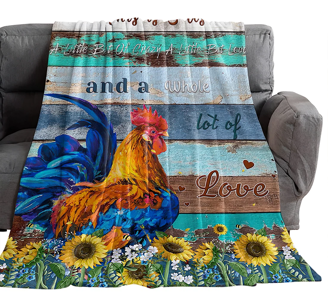 Throw Blanket, Quilt - Farm Style Old Wood Plank Background Bedroom Chair Office Cars Sunflower Rooster And Quote Sherpa Fleece