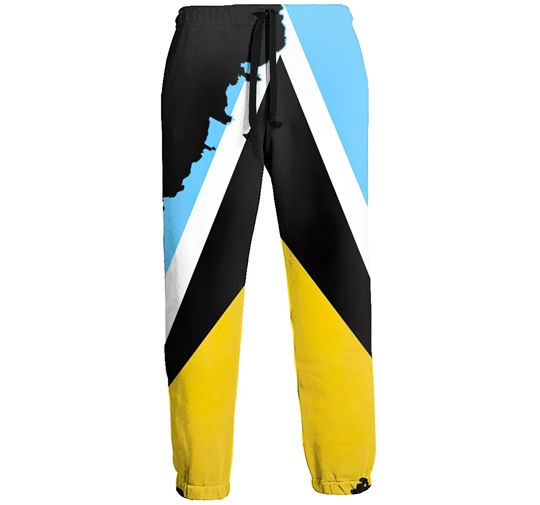 Map Of St Lucia And St Lucian Flag Casual Hip Hop Trousers Length Jogger Pants Baggy Drawstring Sweatpants With Pockets Sweatpant