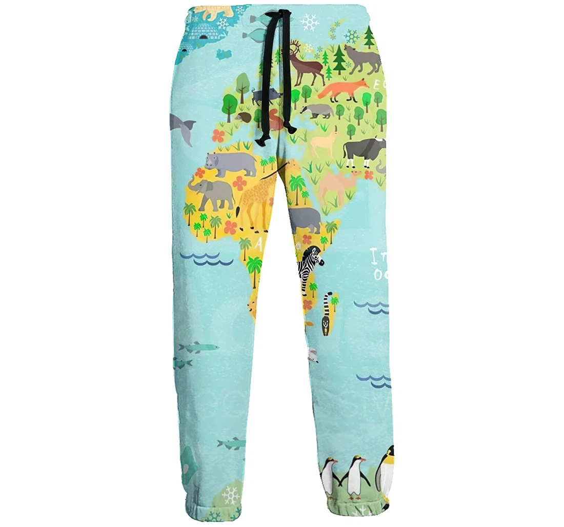 Animal World Map Unisex 3d Graphic Jogger Pants Lightweight Comfortable Baggy Sweatpants With Drawstring Pockets White Sweatpant