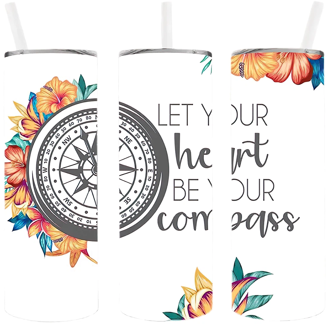 Personalized Name Let Your Heart Be Your Compass Skinny Tumblers 17 Oz Glitter with Lid and Plastic Straws Travel Mug