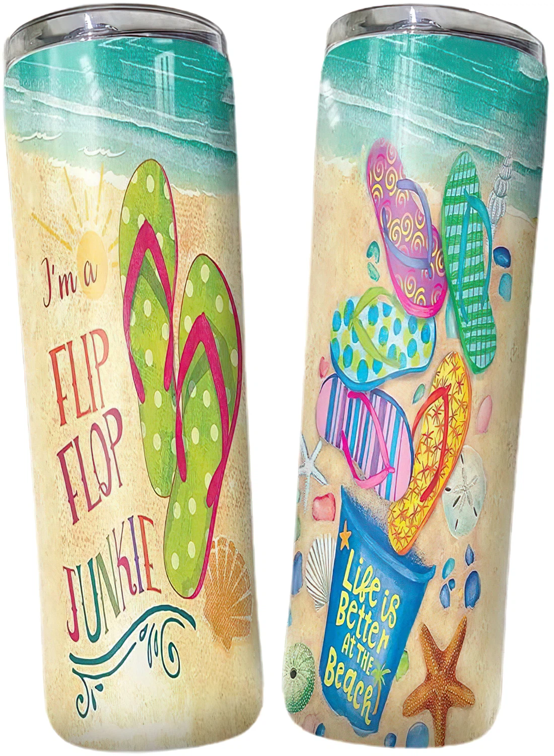 Personalized Name Life Is Better At The Beach Junkie Stainless Steel Skinny Tumblers 17 Oz Glitter with Lid and Plastic Straws Travel Mug