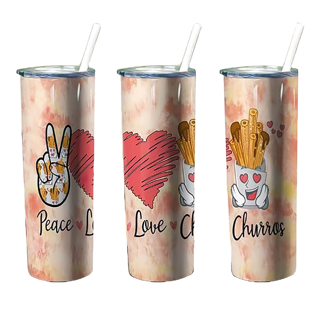 Personalized Name Peace Love Churros Lovely Stainless Steel Skinny Tumblers 17 Oz Glitter with Lid and Plastic Straws Travel Mug