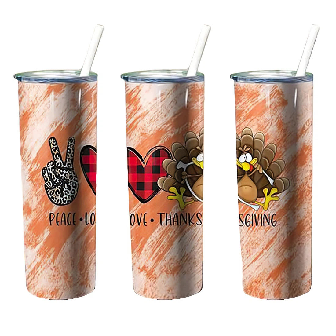 Personalized Name Peace Love Thanksgiving Stainless Steel Skinny Tumblers 17 Oz Glitter with Lid and Plastic Straws Travel Mug