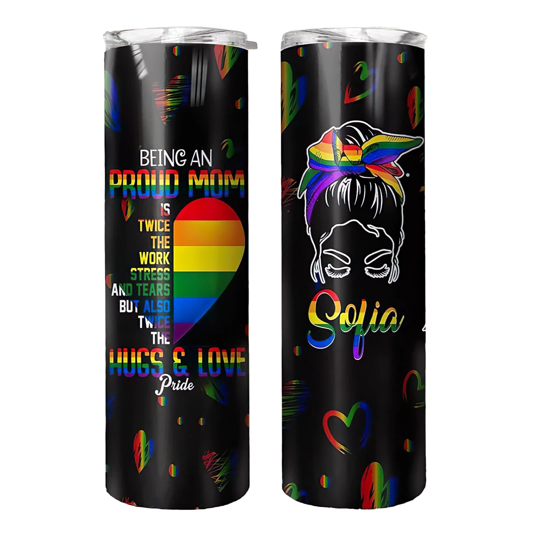 Personalized Name Lgbt Mom Hugs Love Pride Stainless Steel Skinny Tumblers 17 Oz Glitter with Lid and Plastic Straws Travel Mug