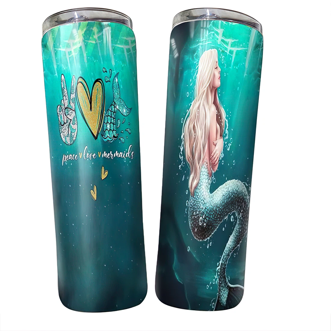 Personalized Name Peace Love Mermaids Glitter Stainless Steel Skinny Tumblers 17 Oz Glitter with Lid and Plastic Straws Travel Mug