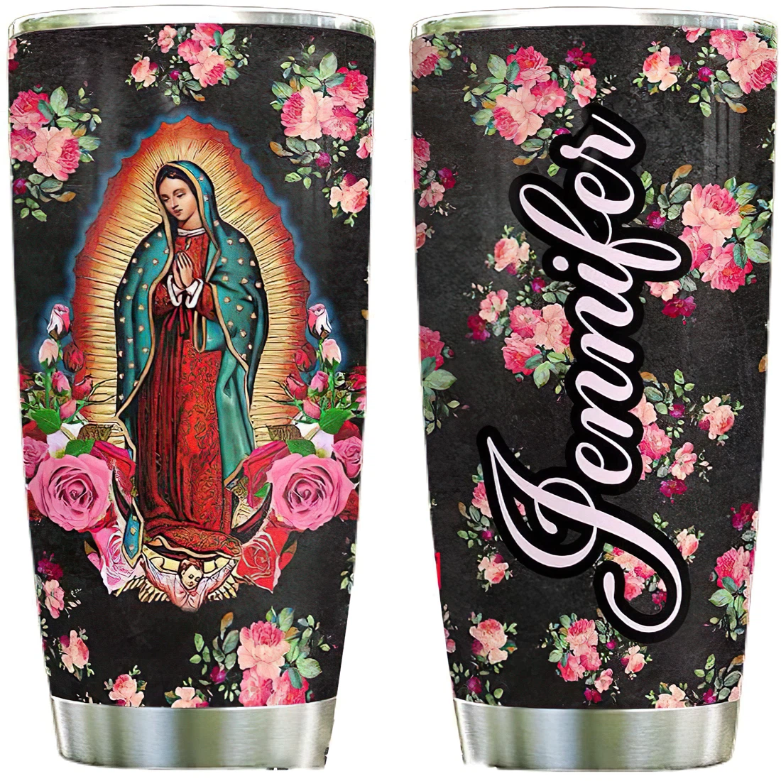 Our Lady Mary Flowers In Black Personalized Custom Name Tumbler Steel Tumbler Cup With Lid Straw 20 Oz 30 Oz