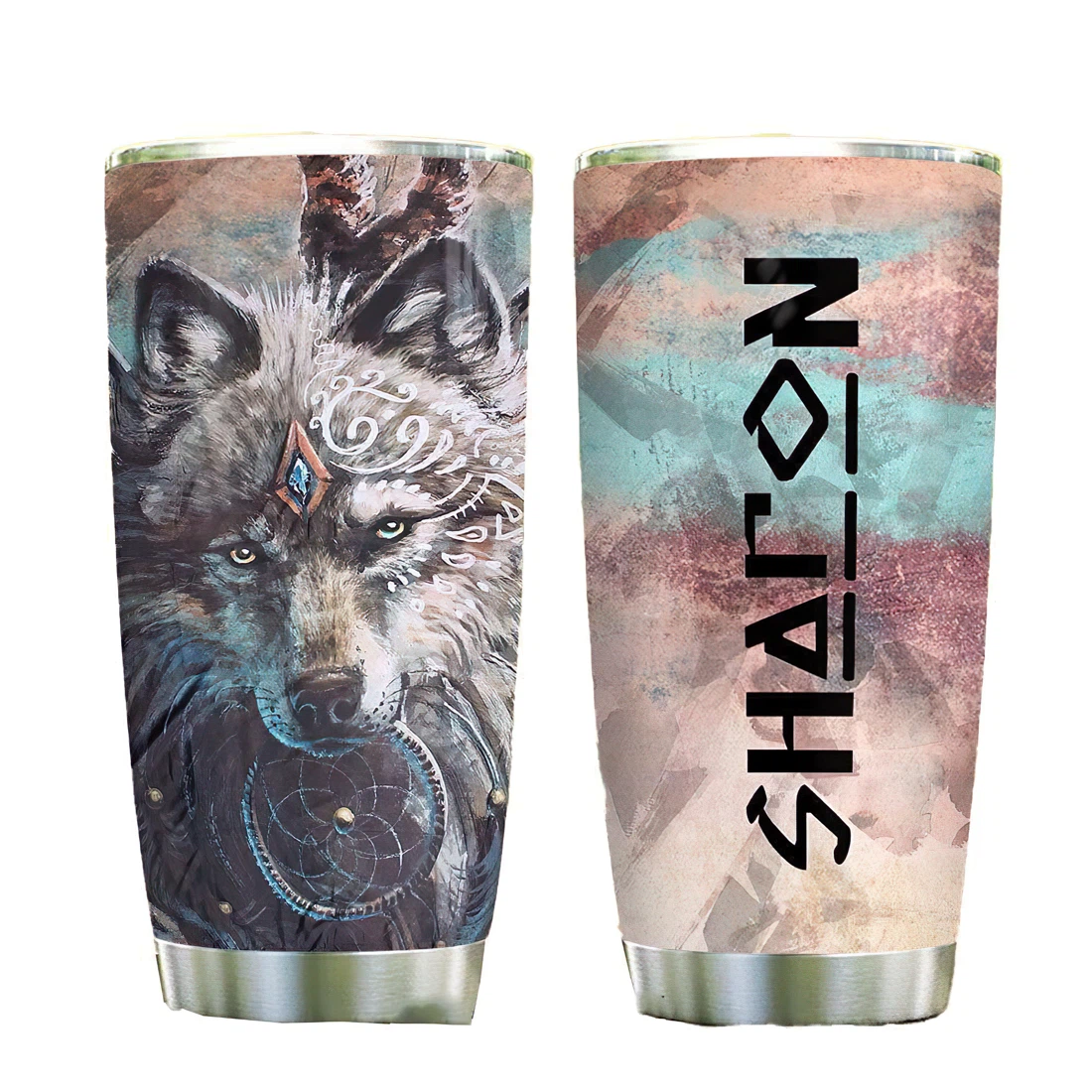 Wolf Native Dreamcatcher Personalized Custom Name Tumbler Cup With Lid Straw 20 Oz 30 Oz