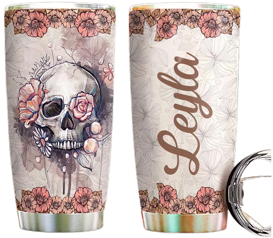 Sassy Tattooed Skull Girl Personalized Custom Name Tumbler Cup With Lid Straw 20 Oz 30 Oz 