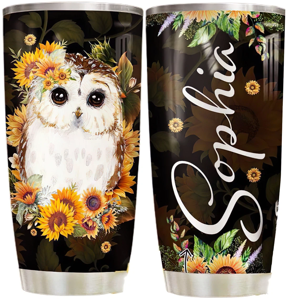 Owl Cute Sunflower Personalized Custom Name Tumbler Cup With Lid Straw 20 Oz 30 Oz 