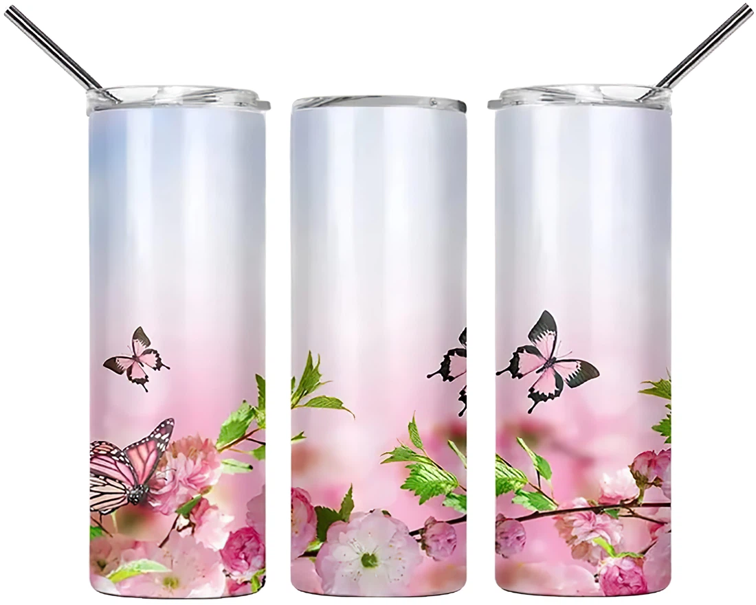 Personalized Name Butterfly and Flower Beautiful Tumblers 17 Oz Glitter with Lid and Plastic Straws Travel Mug