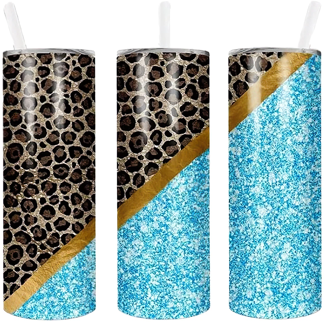 Personalized Name Blue Leopard Print Beautiful Tumblers 17 Oz Glitter with Lid and Plastic Straws Travel Mug