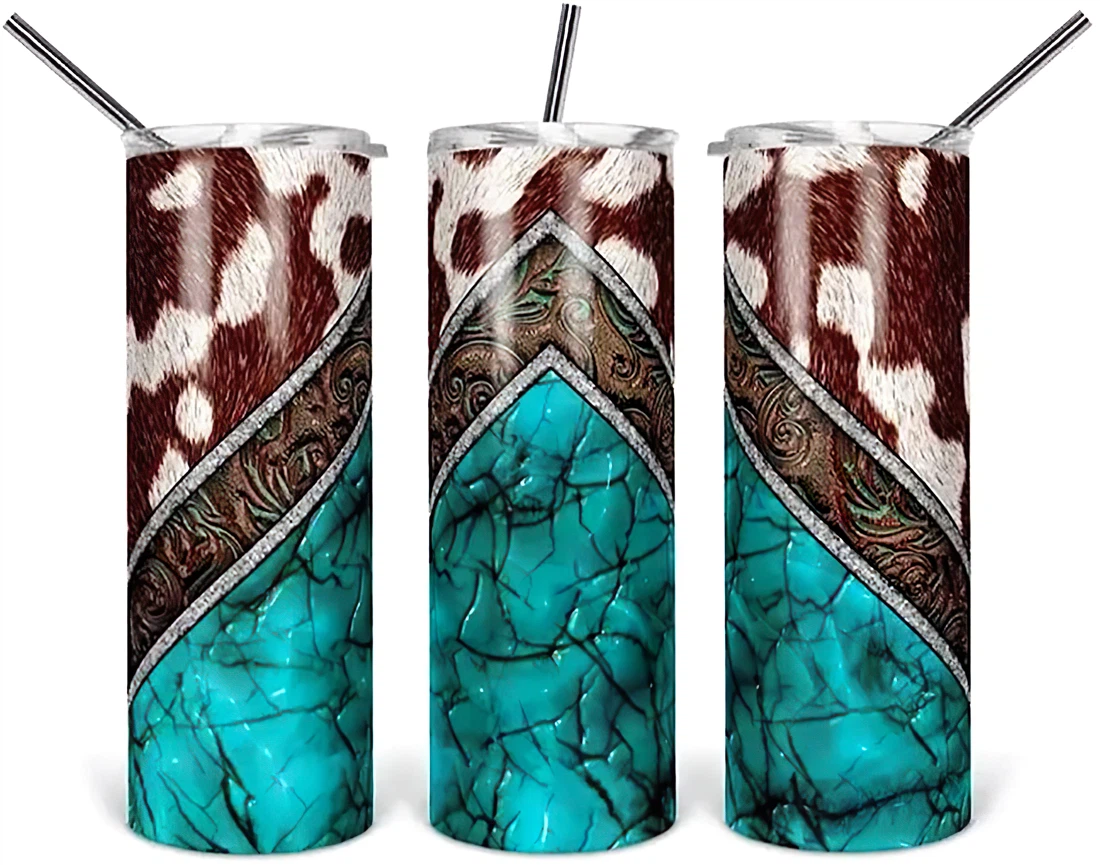 Personalized Name Cowhide Turquoise Western Tumblers 17 Oz Glitter with Lid and Plastic Straws Travel Mug