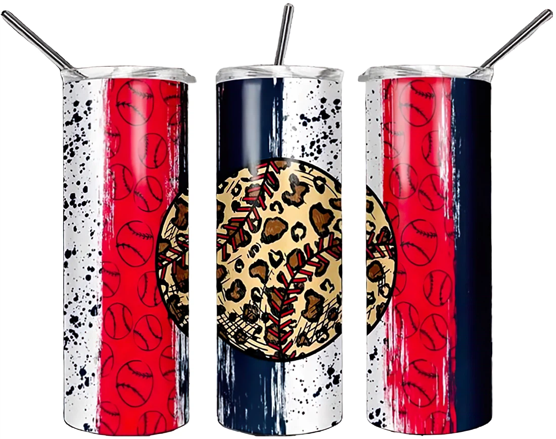 Personalized Name Baseball Leopard Skin Stainless Steel Skinny Tumblers 17 Oz Glitter with Lid and Plastic Straws Travel Mug