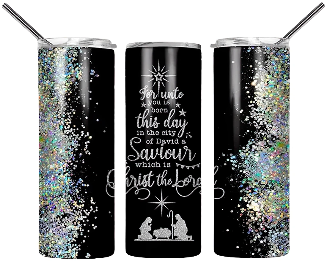 Personalized Name Christmas For Unto You Glitter Stainless Steel Skinny Tumblers 17 Oz Glitter with Lid and Plastic Straws Travel Mug