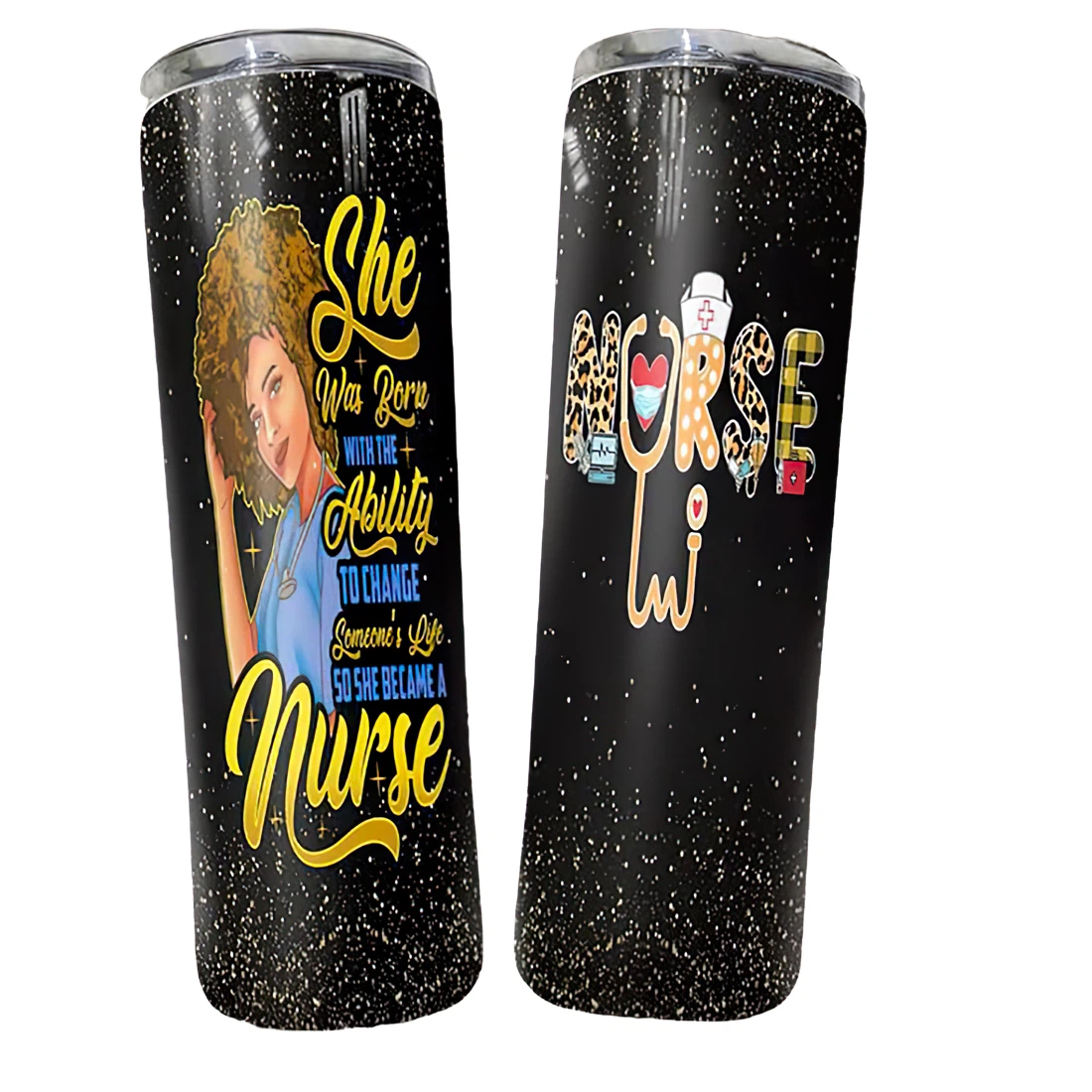 Personalized Name Nurse She Was Born With The Stainless Steel Skinny Tumblers 17 Oz Glitter with Lid and Plastic Straws Travel Mug