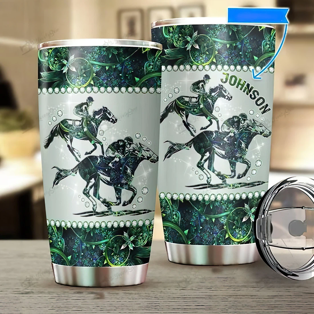 Personalized Name Horse Racing Green Leaves And Flower Pattern Tumbler 20 Oz Or 30 Oz