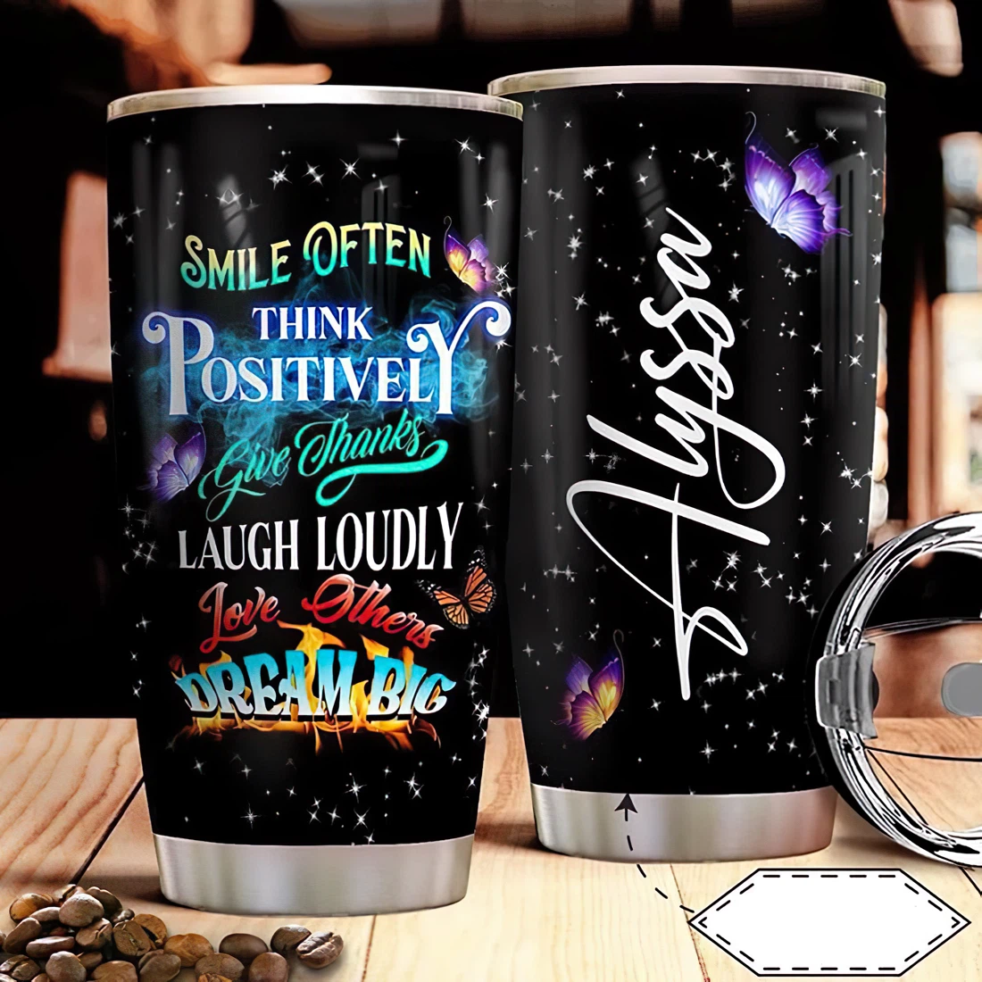 Personalized Name Butterfly Glitter Smile Often Think Positively Tumbler 20 Oz Or 30 Oz Vacuum Insulated Travel Mug