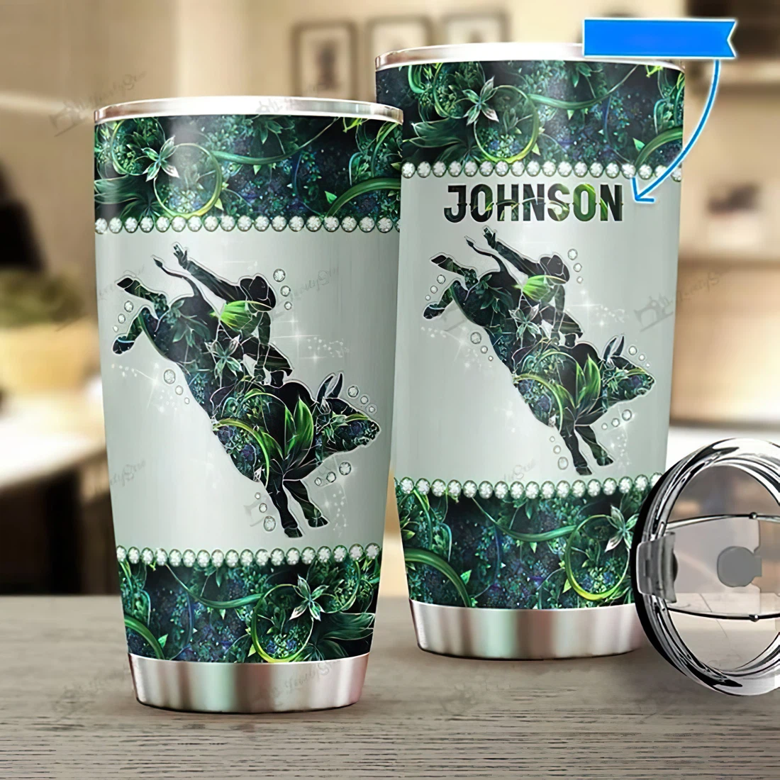 Personalized Name Bull Riding Flower And Green Leaves Pattern Tumbler 20 Oz Or 30 Oz Vacuum Insulated Travel Mug